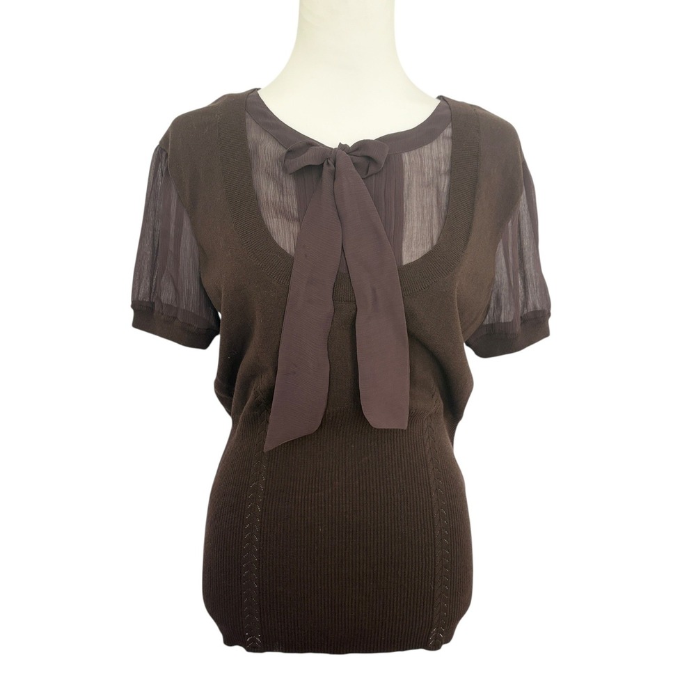 Vtg AK Anne Klein Chocolate Brown Sheer Sleeve Bow Neck Knit Top Medium